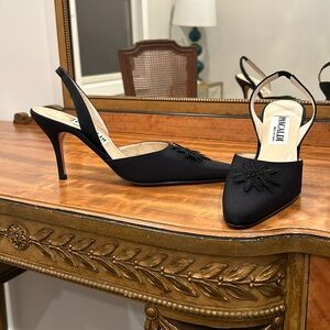 Black floral embellished slingbacks